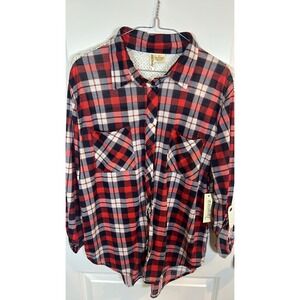 Passport Plus Women Button Down Shirt Lace Back Yoke Red Plaid 1X NWT
